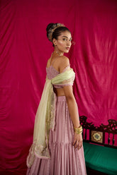 Lilac tiered lehnga with mukaish bustier and mint organza dupatta - Sohni